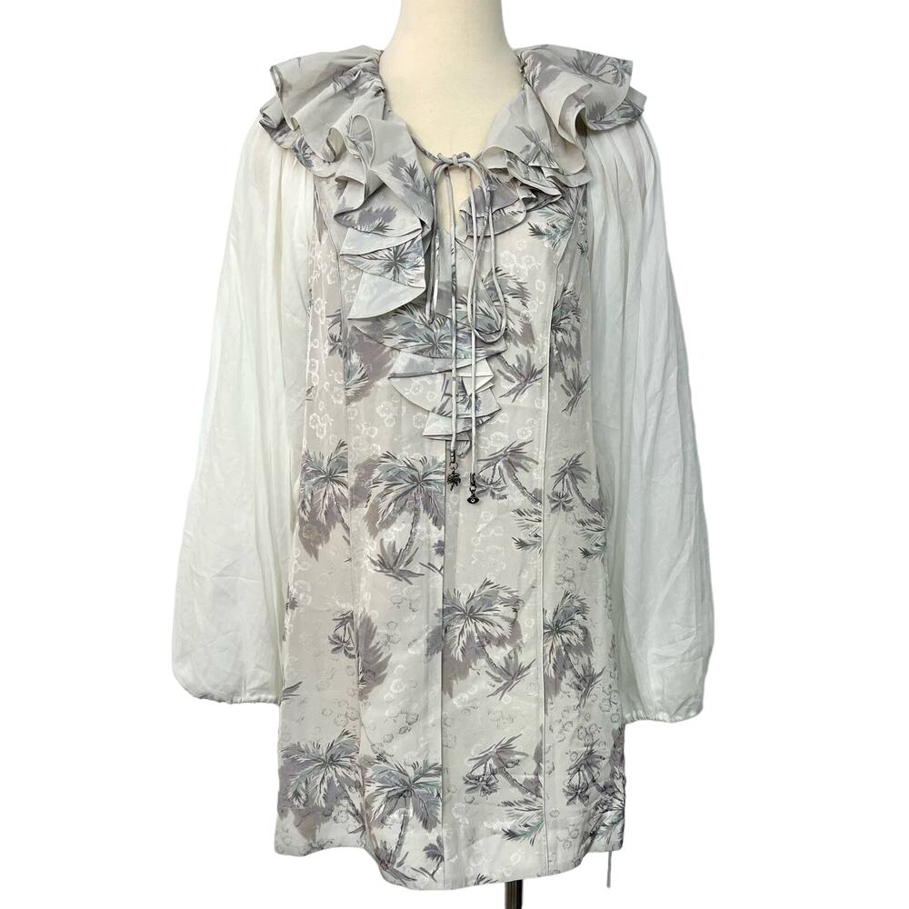 COACH 1941 Palm Tree Mini Dress in Gray Ruffle Long Sleeve | Size: 6 NWT